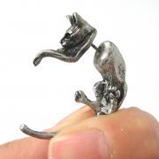 Kitty Cat Animal Pet 3D Fake Gauge Stud Earrings in Silver  