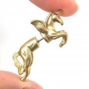 Unicorn Pegasus Horse Animal Fake Gauge 3D Plug Stud Earrings in Shiny Gold
