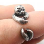 Realistic Sloth Animal Wrap Around Hug Ring in Silver - Sizes 5 to 10 Available