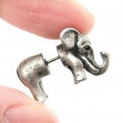 Unique 3D Fake Gauge Elephant Animal Stud Earrings in Silver