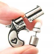 3D Fake Gauge Realistic Gun and Bullet Stud Earrings in Silver