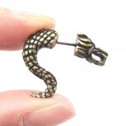 Fake Gauge Detailed Dragon Animal 3D Plug Stud Earrings in Brass