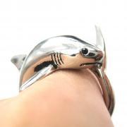 3D Realistic Shark Sea Animal Hug Wrap Ring in Shiny Silver - Sizes 5 to 10 Available