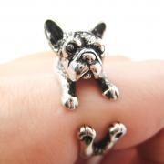 French Bulldog Puppy Animal Wrap Around Ring in Shiny Silver - Sizes 5 to 9 Available