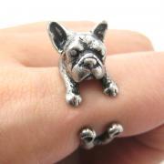 French Bulldog Puppy Animal Wrap Around Ring in Silver - Sizes 5 to 9 Available