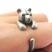 3D Miniature Polar Bear Teddy Animal Wrap Hug Ring in Silver - US Size 4 to 8.5
