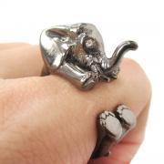 3D Baby Elephant Animal Wrap Around Ring in Gunmetal Silver | Size 5 to 8.5