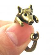 Realistic Piglet Animal Wrap Around Hug Ring in Brass Sizes 4 to 9