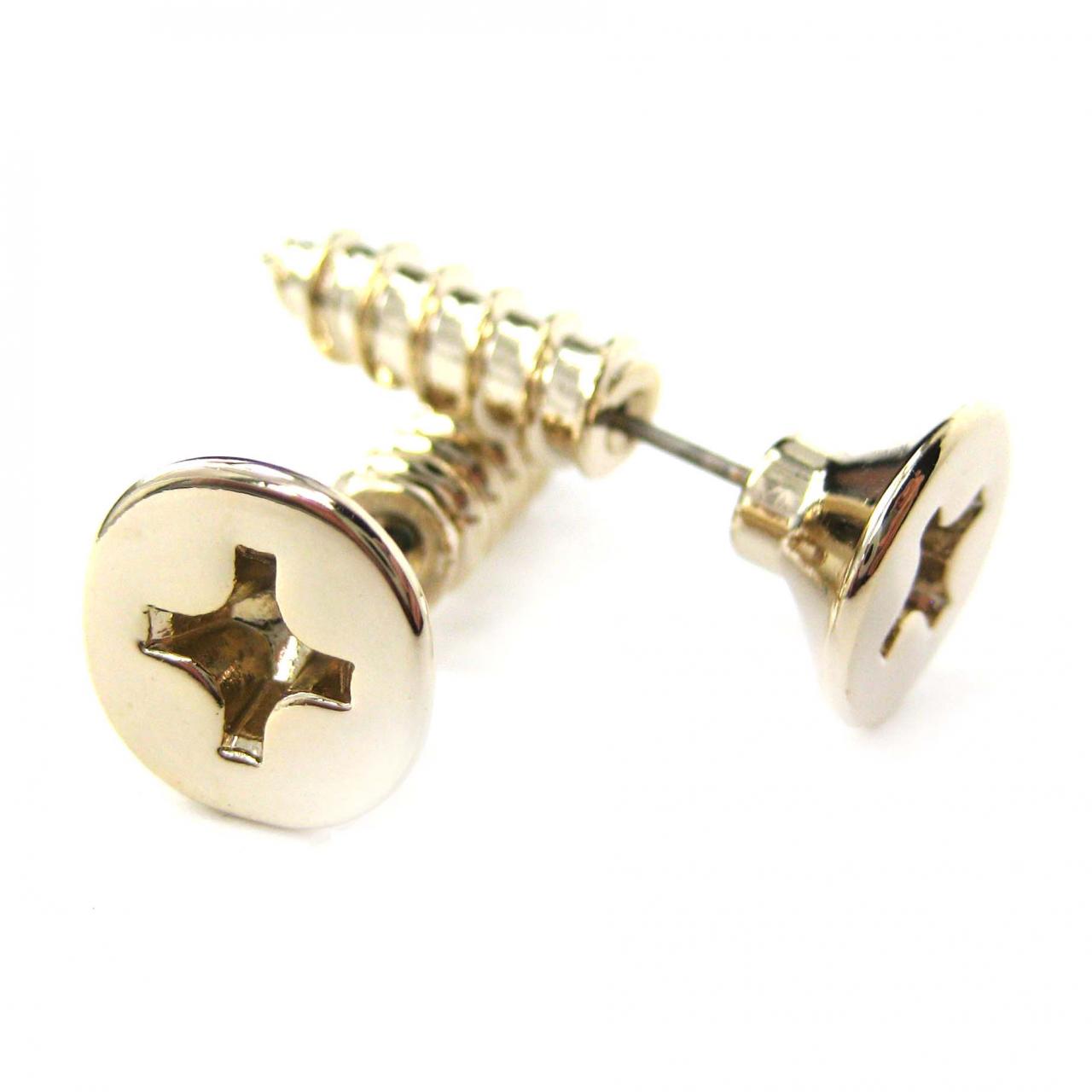 3D Fake Gauge Realistic Nuts and Bolts Screw Stud Earrings in Shiny Gold