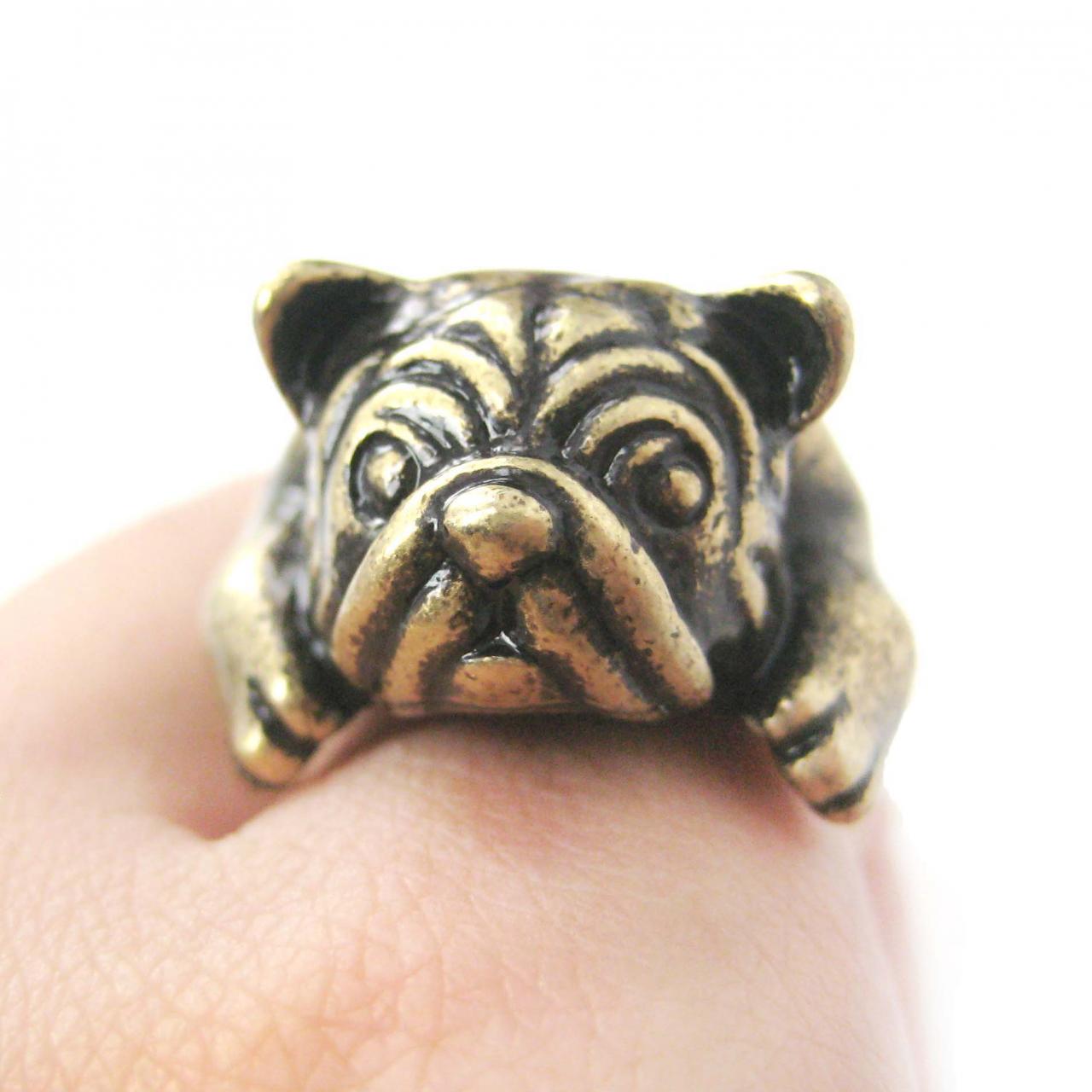 Detailed Pug Bulldog Puppy Dog Adjustable Animal Ring In Brass on Luulla