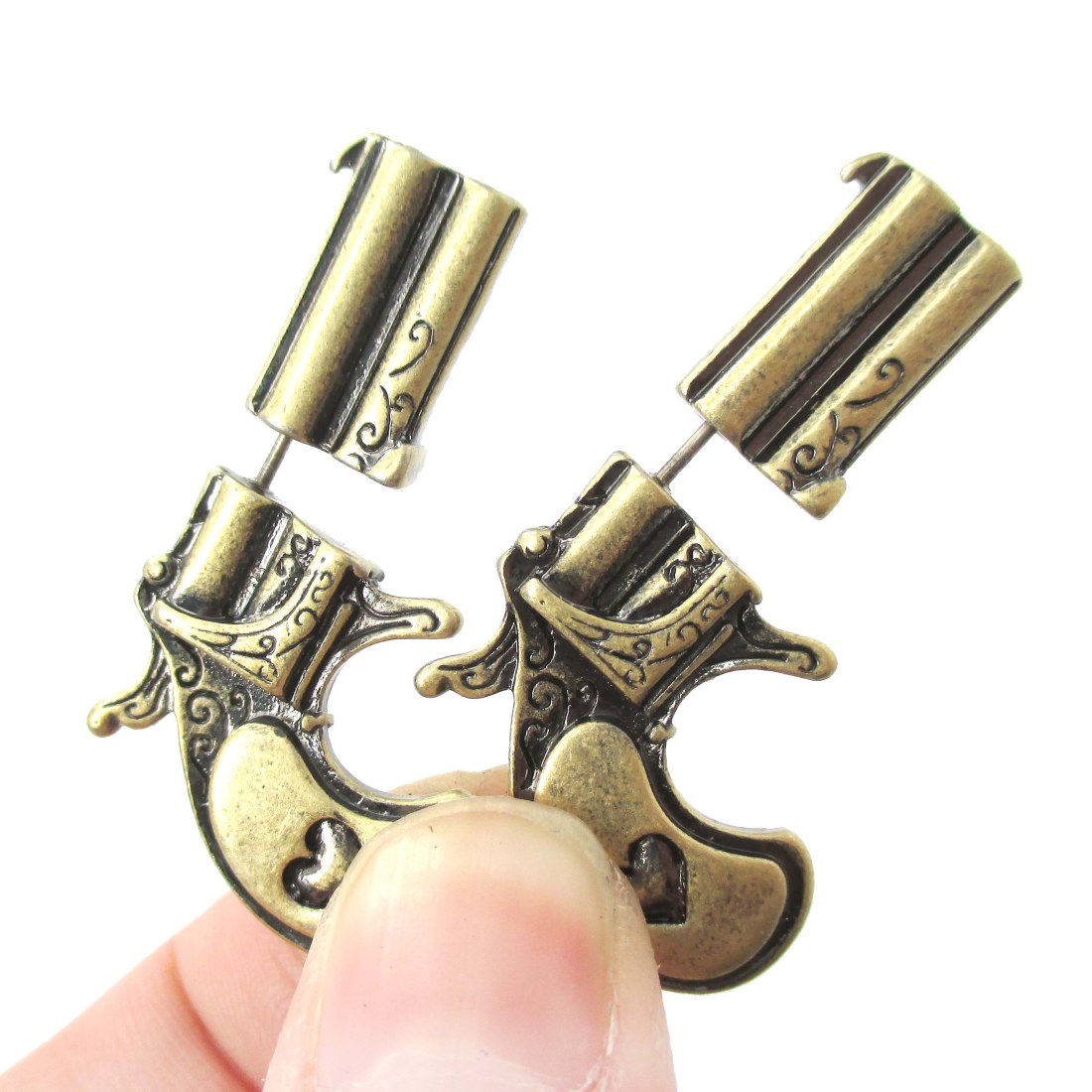 3d Fake Gauge Realistic Double Pistol Gun Stud Earrings In Bronze on Luulla
