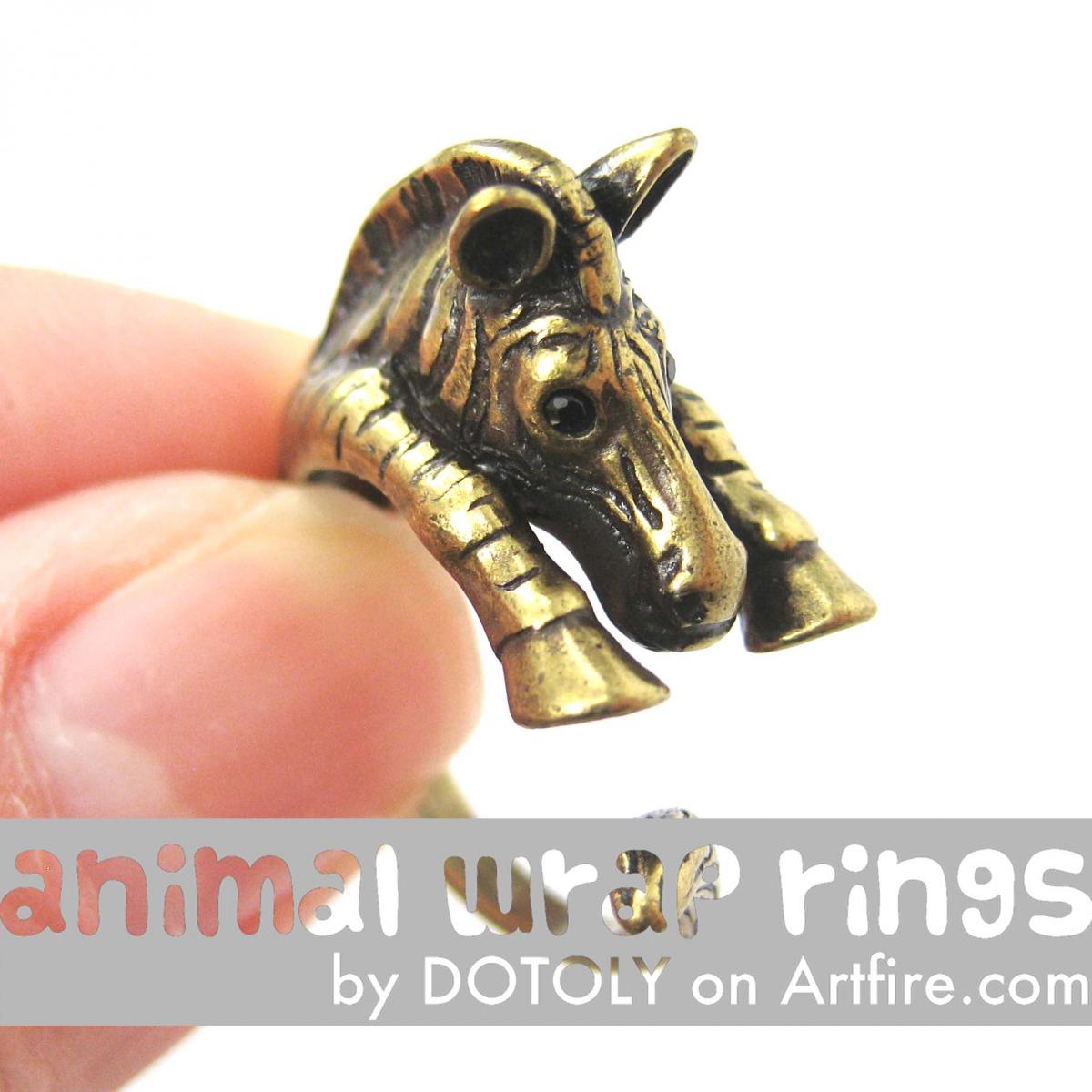 Realistic Zebra Animal Wrap Around Hug Ring In Brass Sizes 4 To 9 on