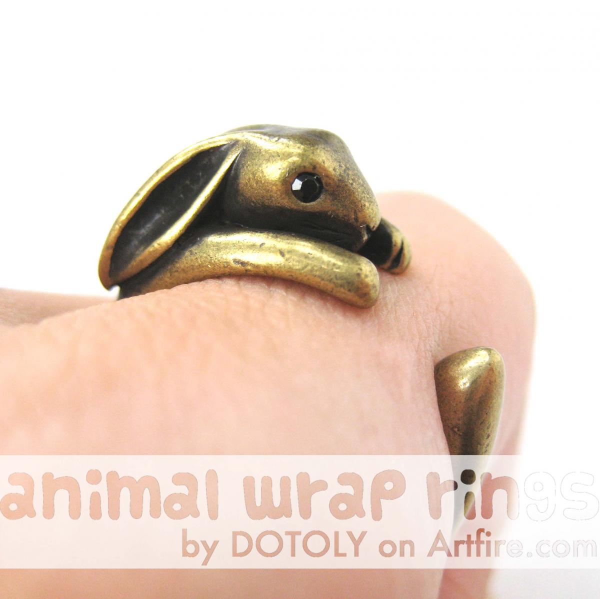 Bunny Rabbit Animal Wrap Around Hug Ring In Brass - Sizes 4 To 9 on Luulla