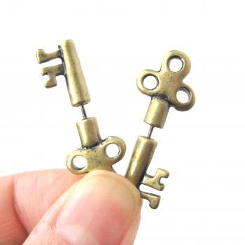 3D Fake Gauge Realistic Antique Key Shaped Stud Earrings in Brass