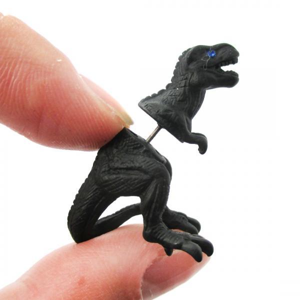 Unique Fake Gauge 3D Tyrannosaurus Rex Dinosaur Shaped Animal Stud Earring in Black | Sold Per Piece