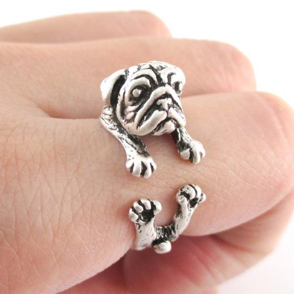 Pug Animal Ring Wrapped Around Your Finger in Silver | Sizes 6 to 9